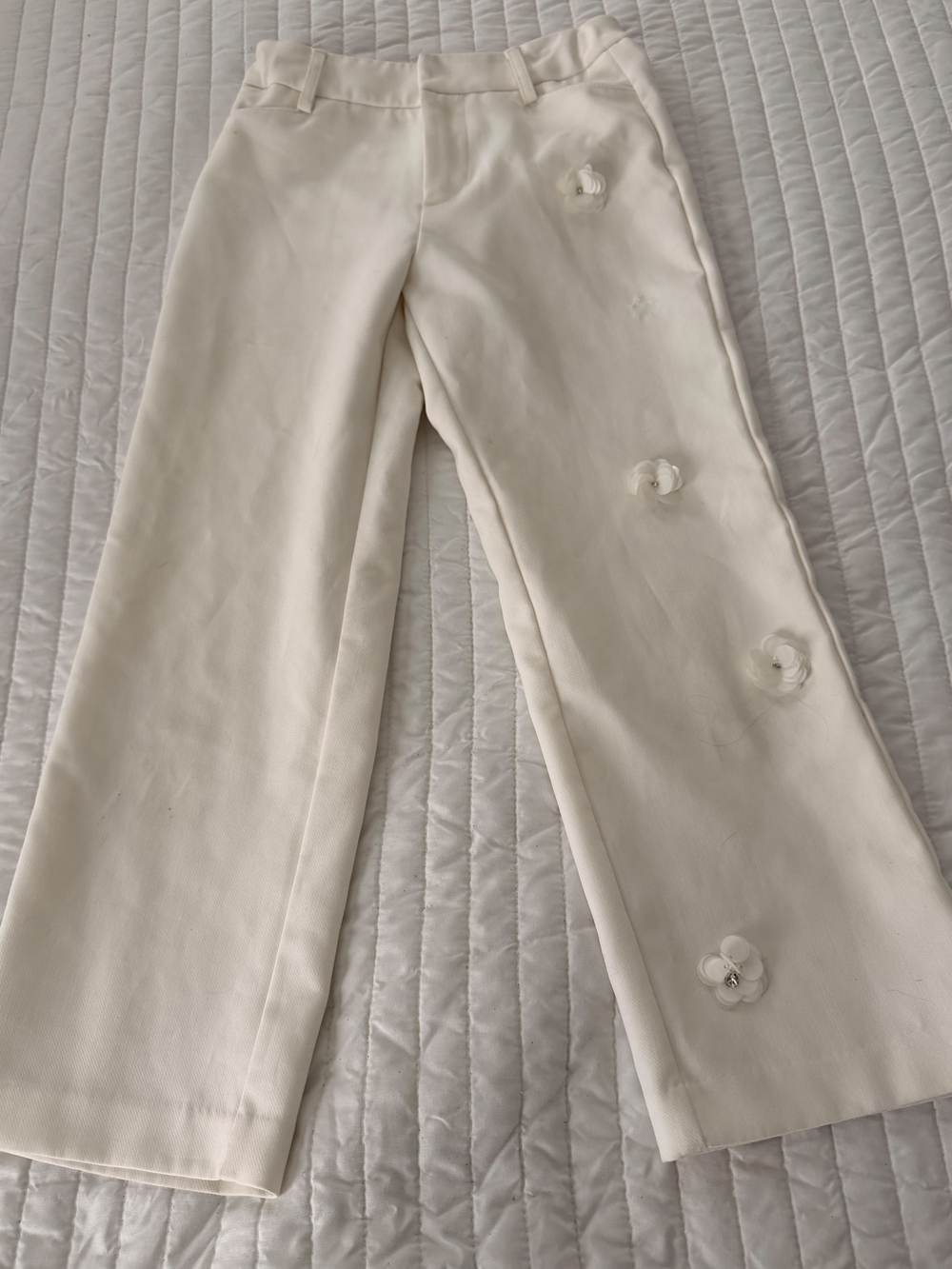 Zara Cream Wide-Leg Pants with Floral Appliqués